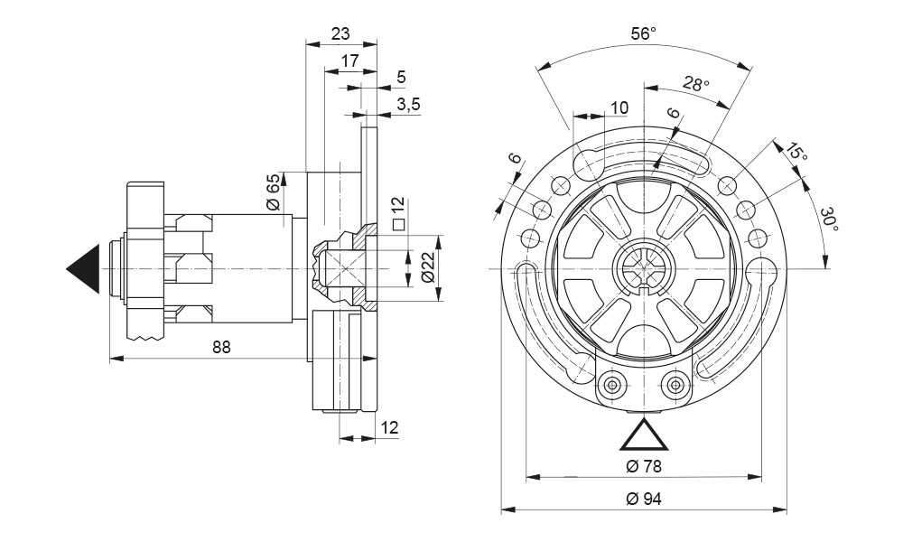 Rolladen-Kegelradgetriebe KG021 mit Untersetzung 3:1 - Maße